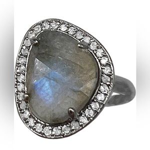 Adornia Labradorite & Diamond Halo Ring silver  Size 6.5 Sterling Silver